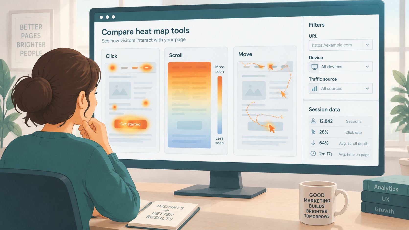 A woman reviewing website heat map data on a computer screen to analyze user behavior.