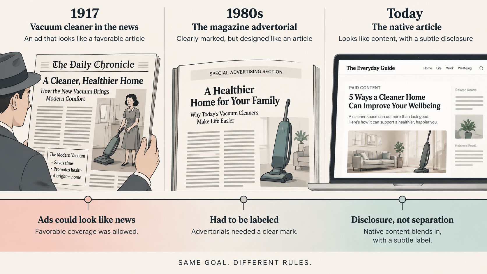 A timeline graphic showing the evolution of advertising styles from 1917 newspaper ads to modern native articles.