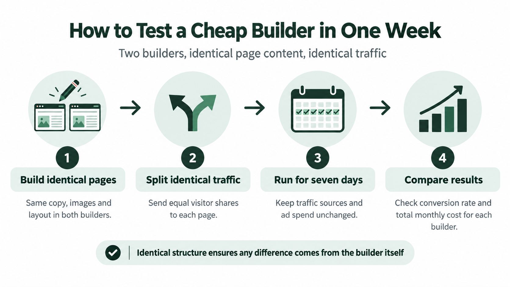 A four-step infographic showing how to A/B test a landing page builder for performance and cost.