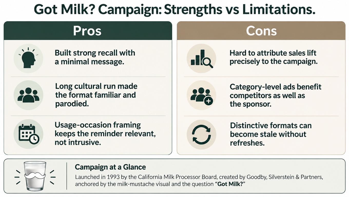 An infographic showing the pros and cons of the Got Milk advertising campaign, highlighting strengths and limitations.