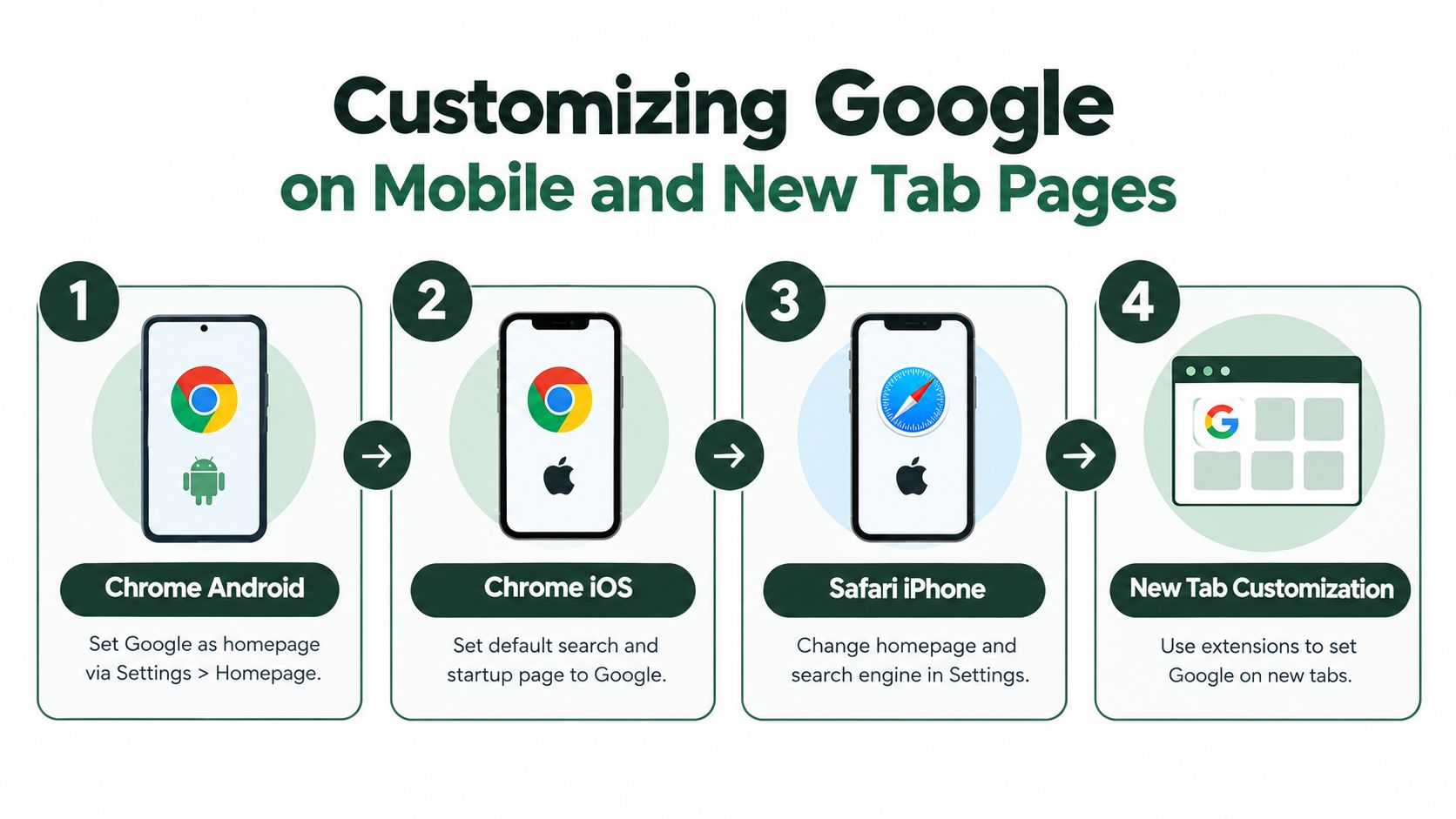 An infographic showing four steps for customizing the Google homepage on Android, iOS, Safari, and desktop browsers.