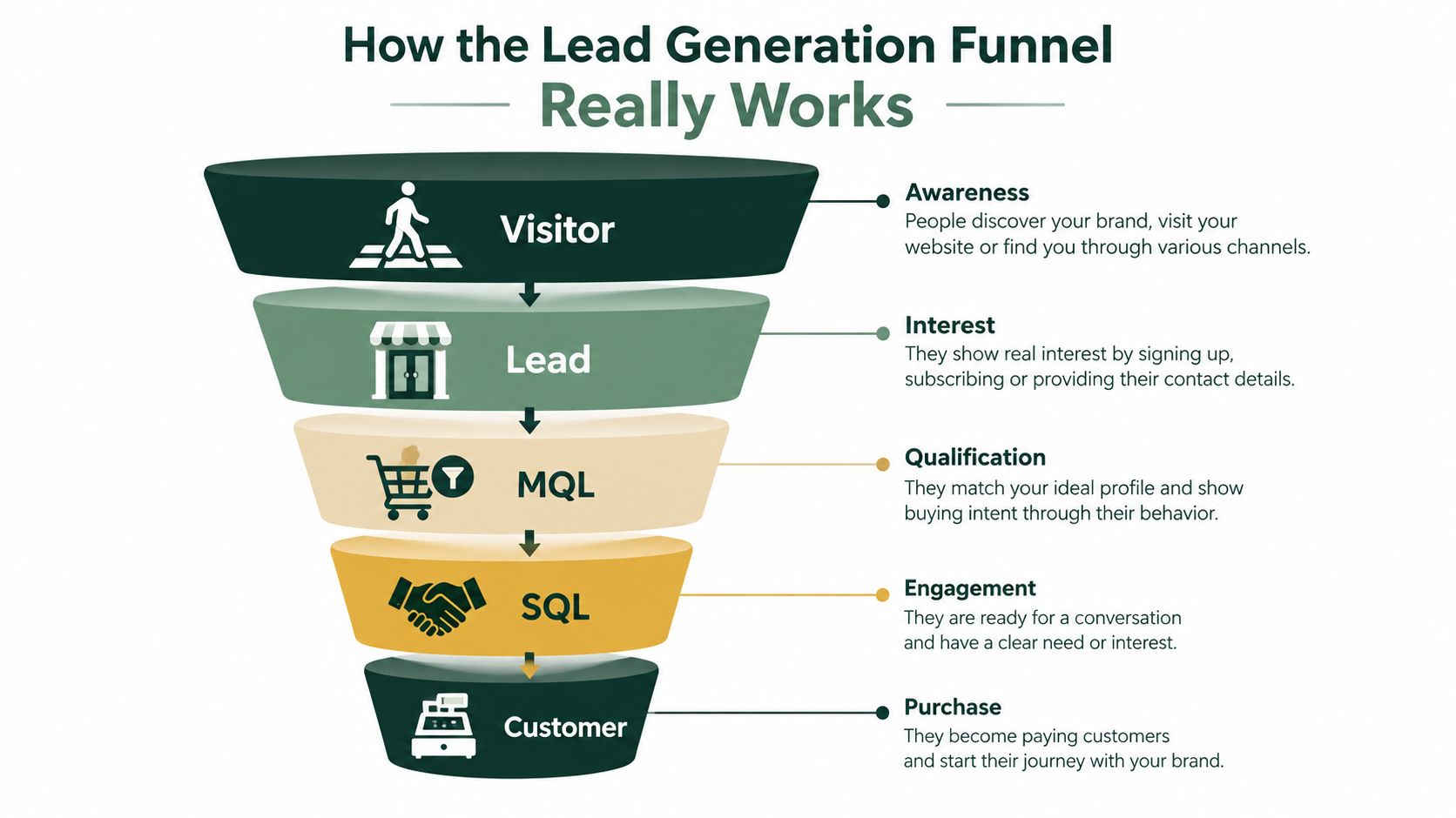 A funnel diagram illustrating the five stages of a lead generation process from visitor to customer.