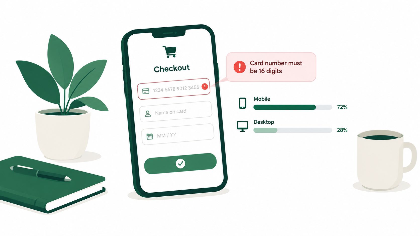 A conceptual illustration of a smartphone checkout page highlighting high mobile conversion rates compared to desktop.