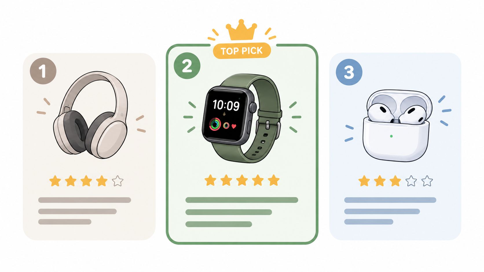 A ranking chart featuring headphones, a smartwatch, and wireless earbuds with star ratings for each product.
