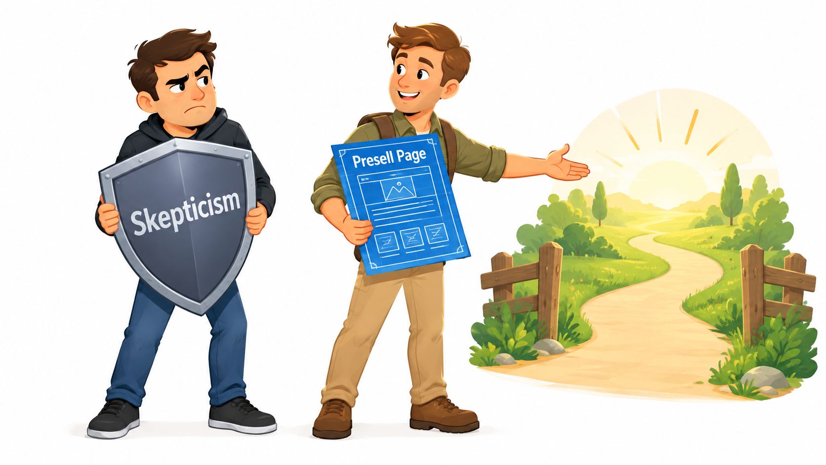 A skeptical man holding a shield standing next to an optimistic man holding a presell page blueprint.