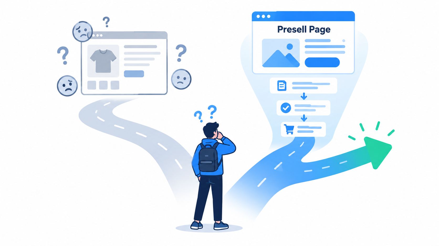 A person standing at a crossroads choosing between an ineffective product page and a successful funnel strategy.