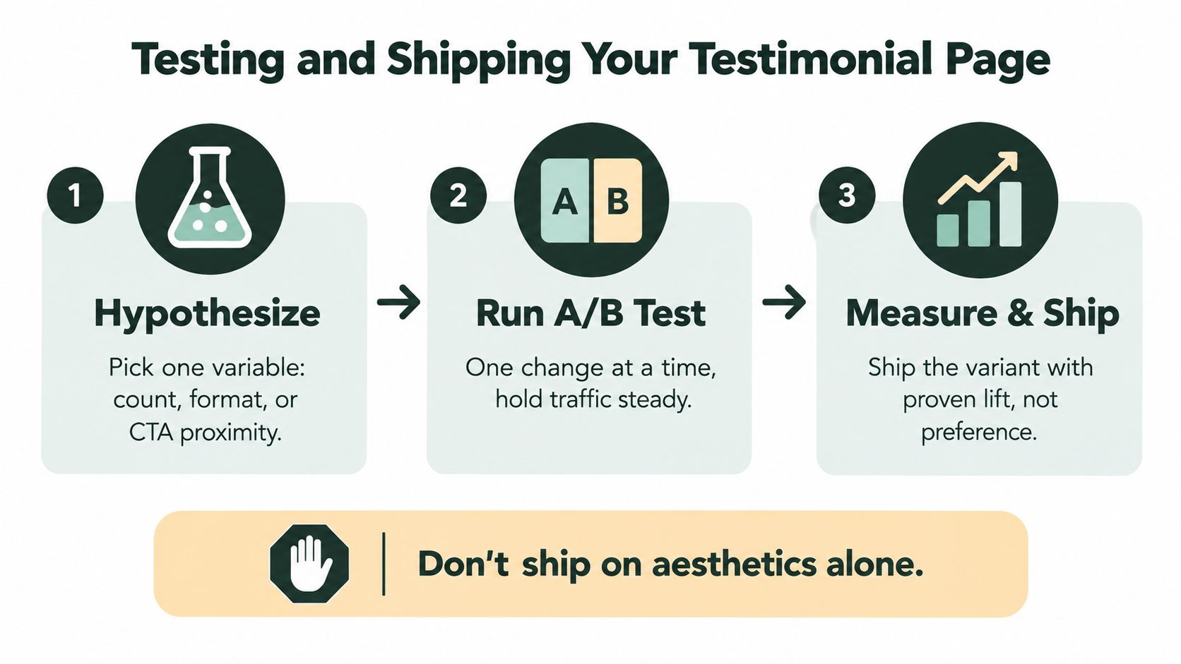 A three-step infographic on optimizing and testing a website testimonial page for better conversion results.