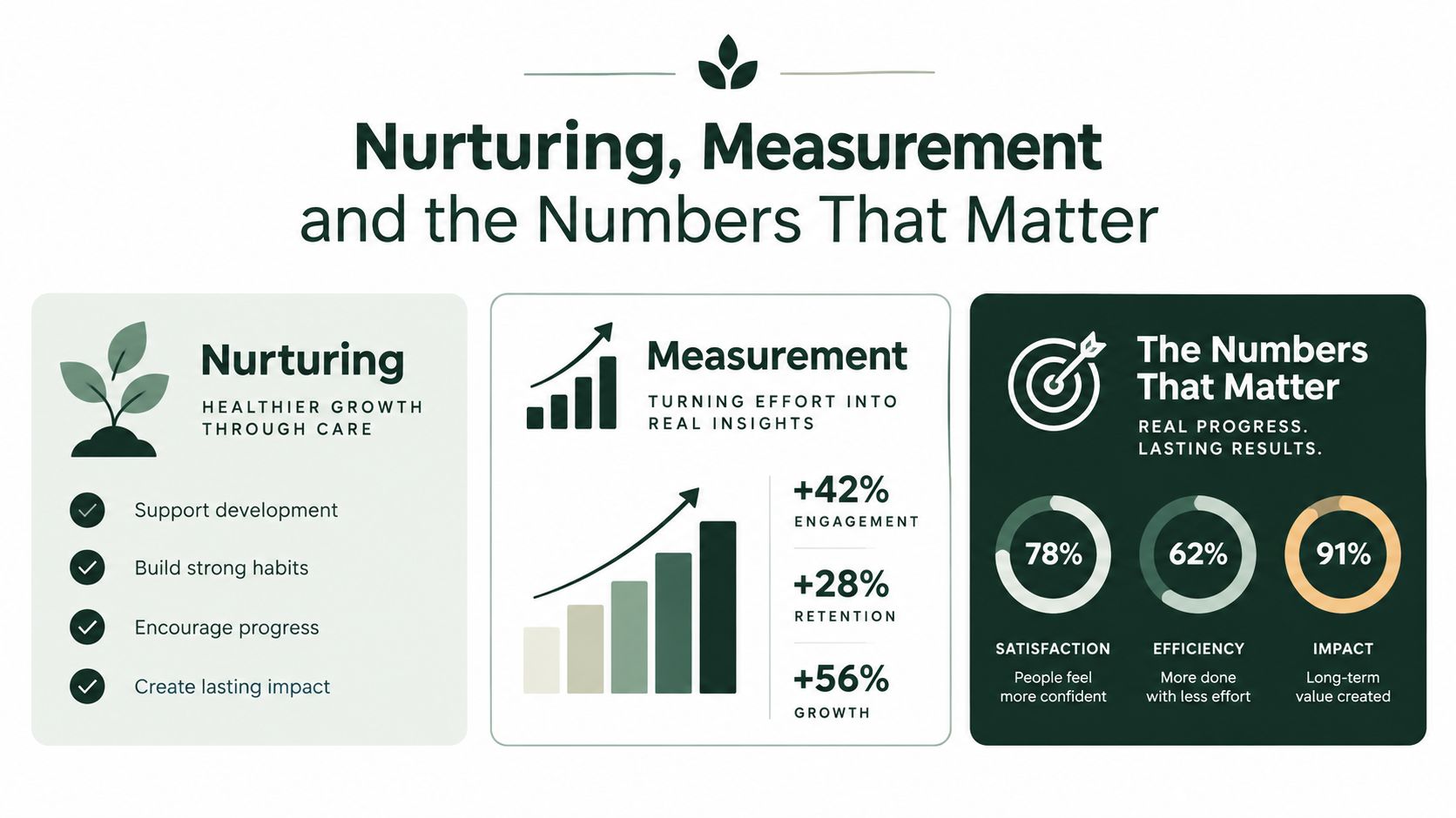 An infographic illustrating three core business pillars: nurturing growth, data measurement, and impactful key performance metrics.
