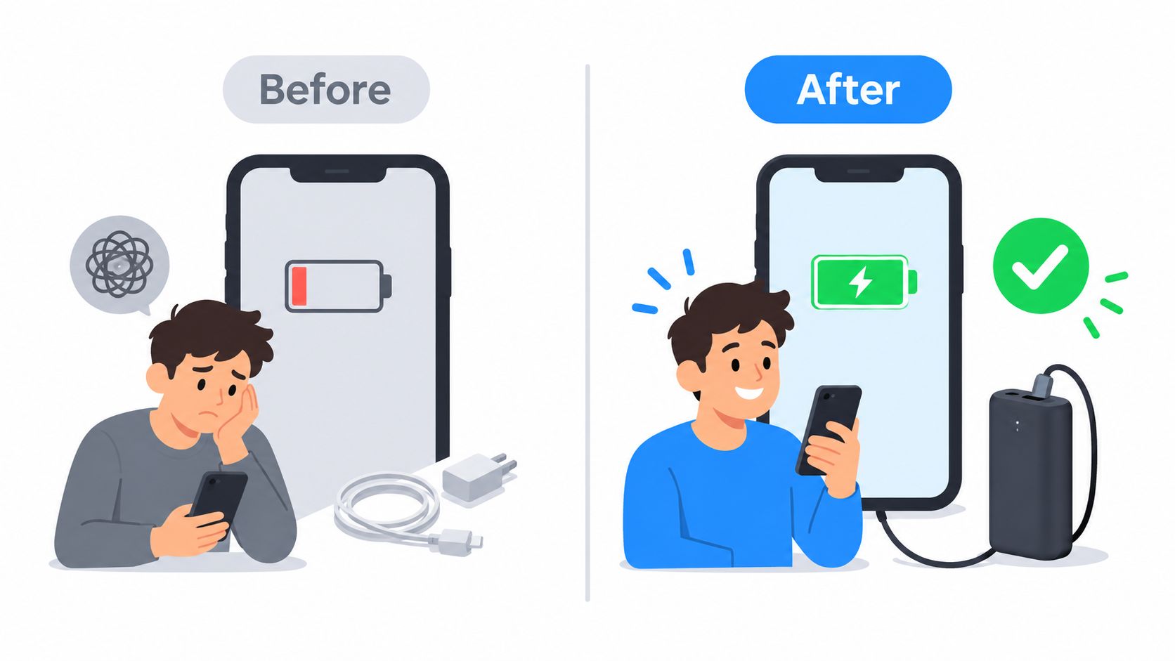 A split illustration comparing a frustrated man with a dead phone to a happy man charging it.