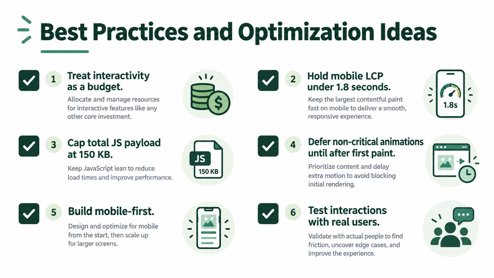 An infographic titled Best Practices and Optimization Ideas featuring six numbered tips for enhancing website performance.