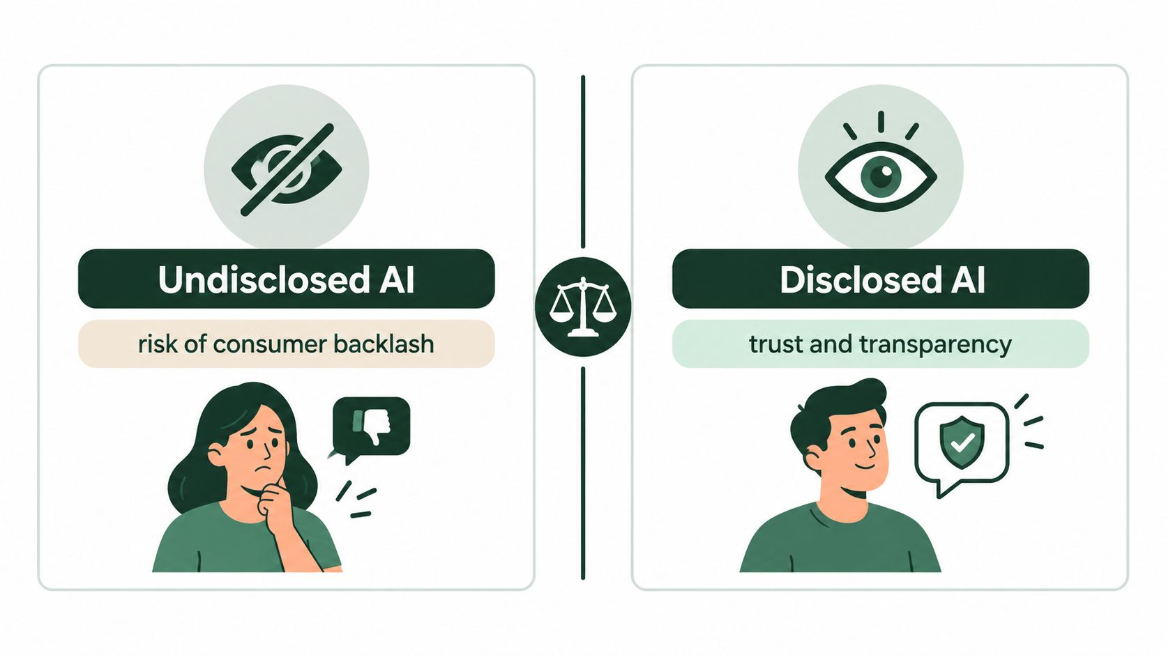 A comparative illustration contrasting the negative impacts of Undisclosed AI against the benefits of Disclosed AI.
