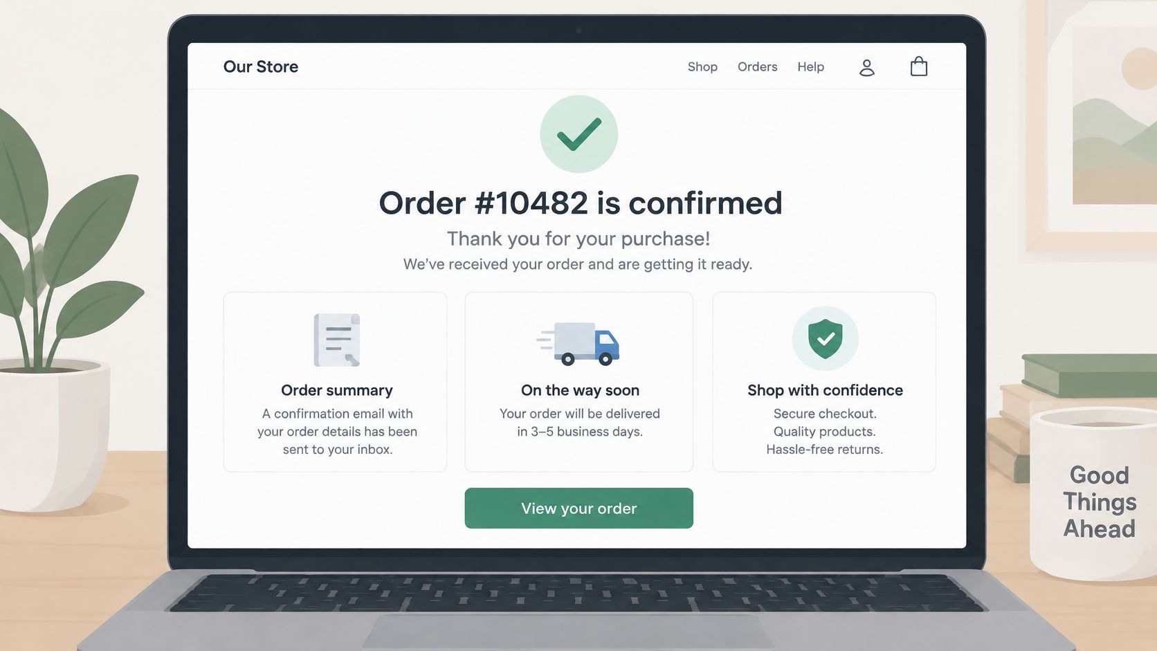A laptop screen displaying a successful order confirmation page for an online store with purchase details.