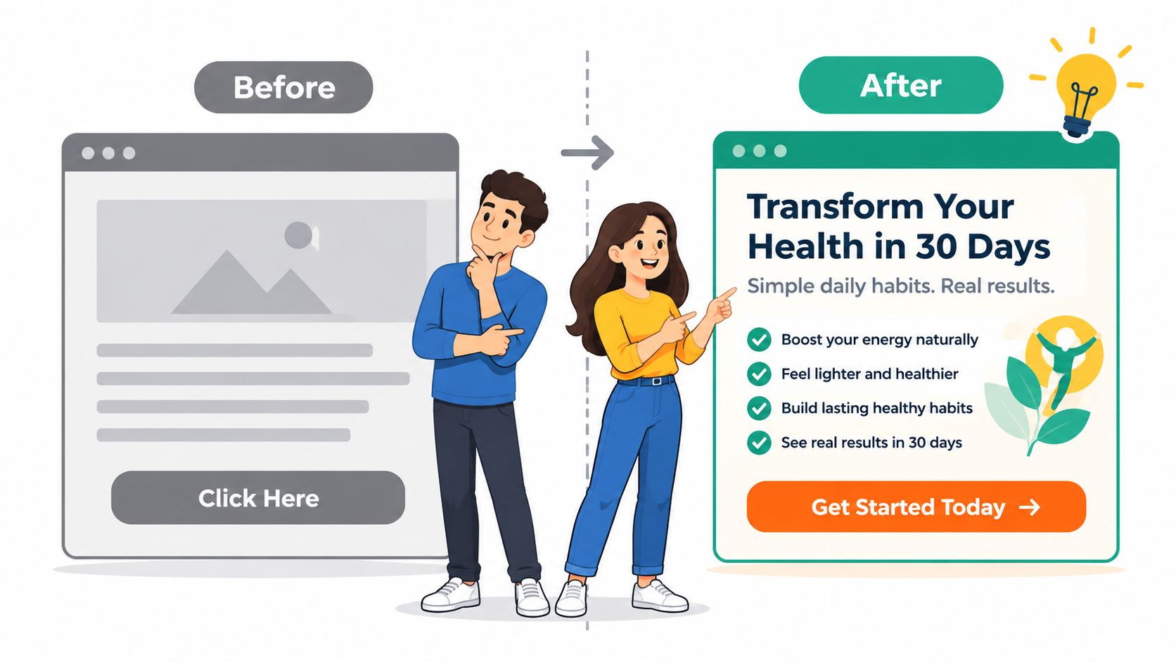 A split-screen illustration showing an unoptimized landing page before and an improved version after optimization.