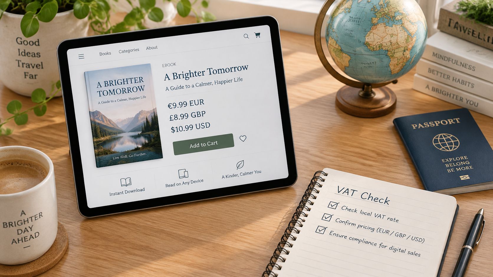 A digital tablet displaying an ebook store page on a wooden desk with a notebook and globe.
