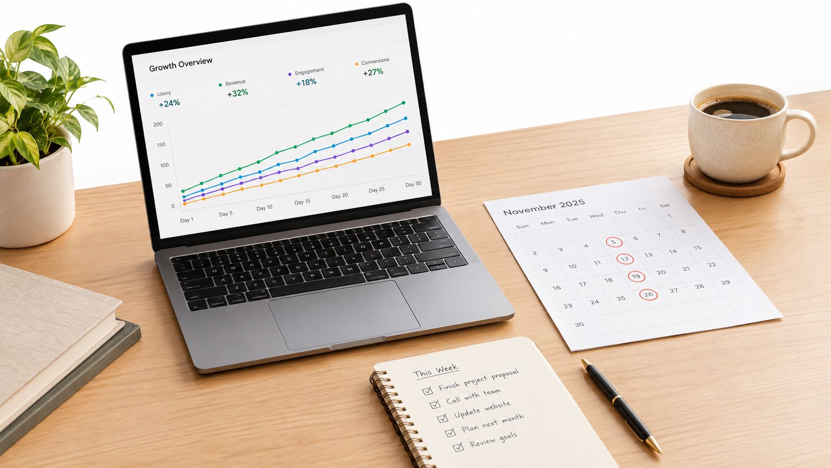 A modern workspace with a laptop displaying growth charts, a calendar, notebook, and coffee on a desk.