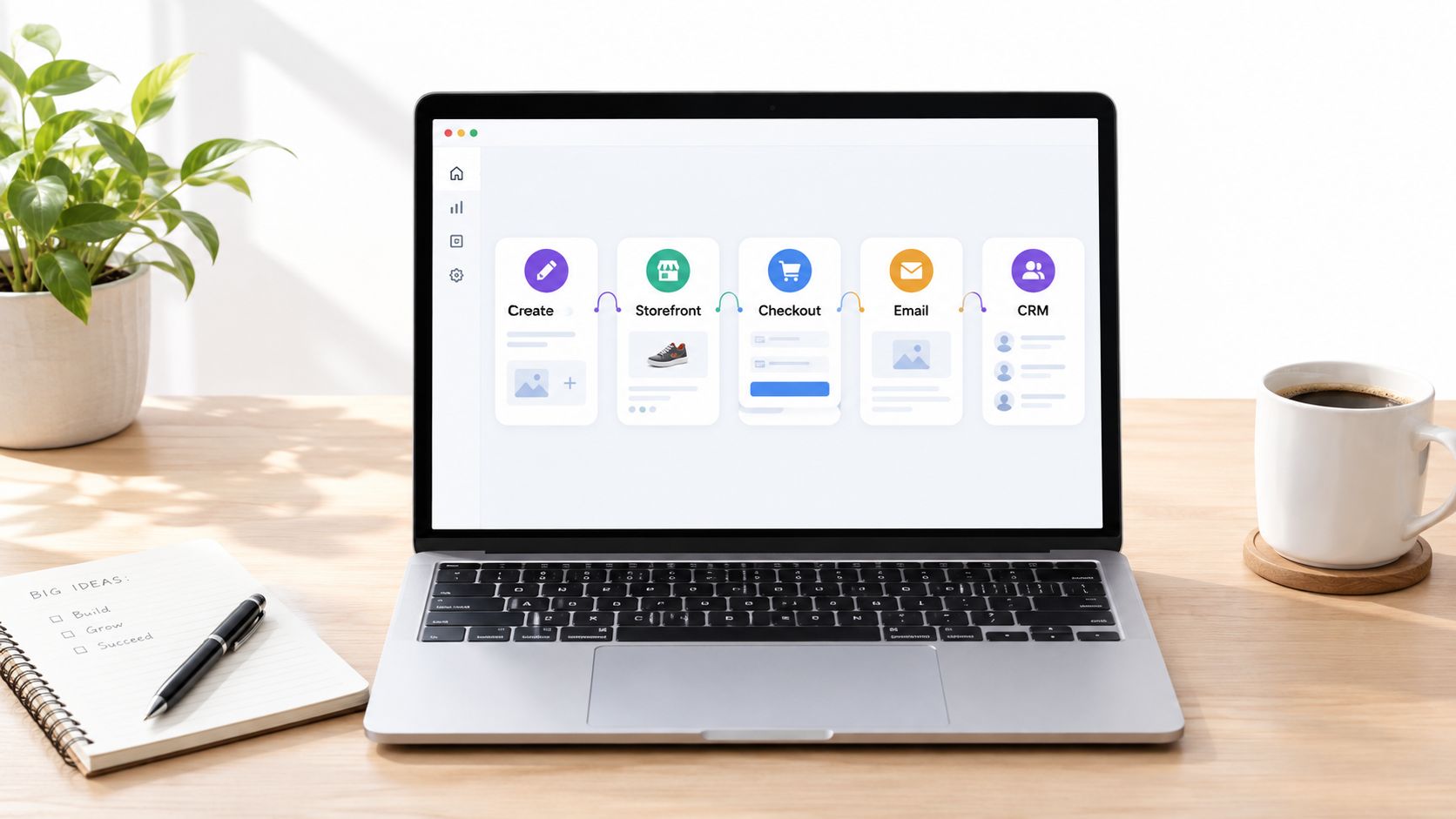 A modern laptop on a wooden desk displaying an online business workflow and digital product platform interface.