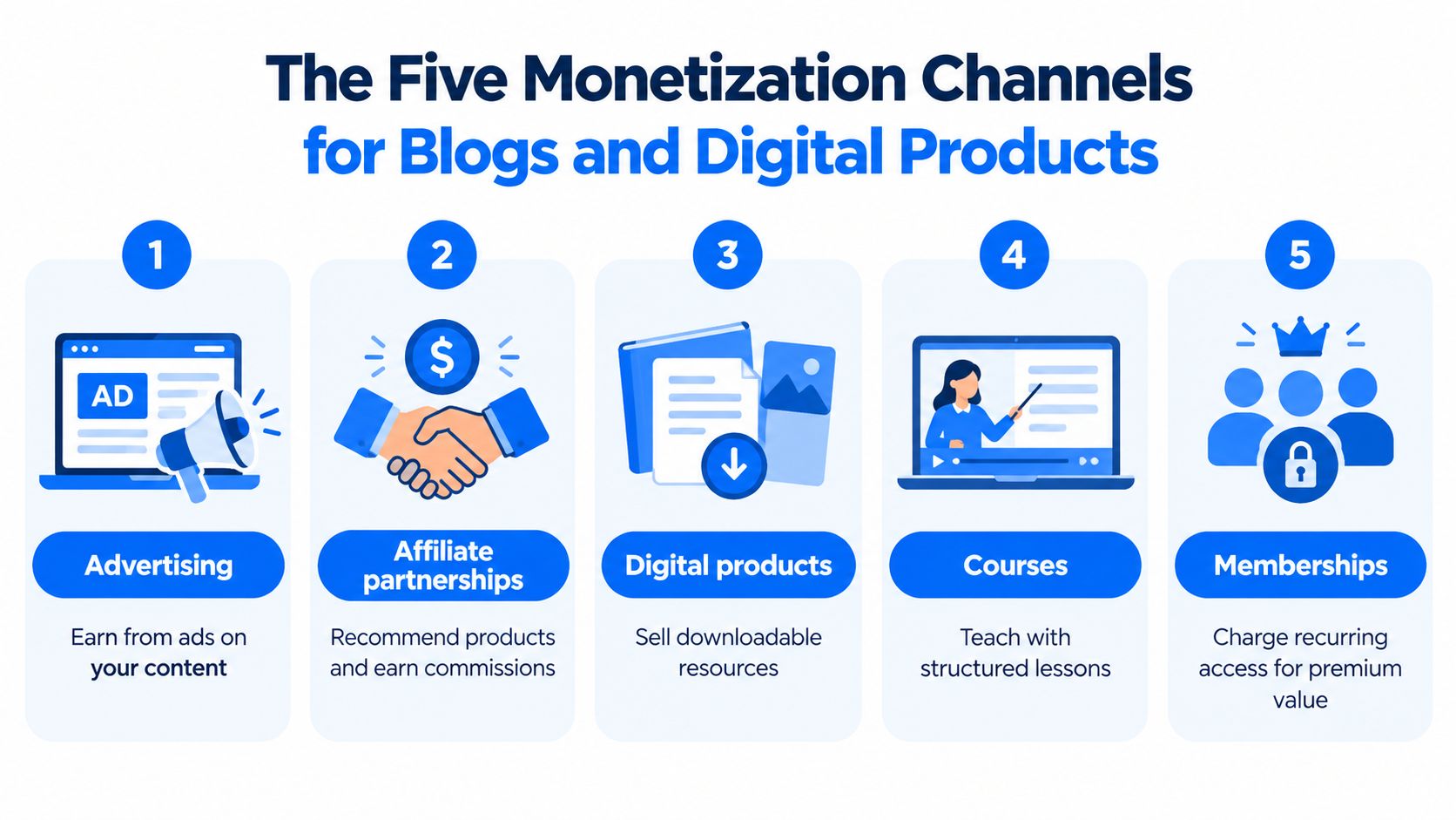 An infographic showing the five main monetization channels for blogs and digital products including advertising, affiliate marketing, and memberships.