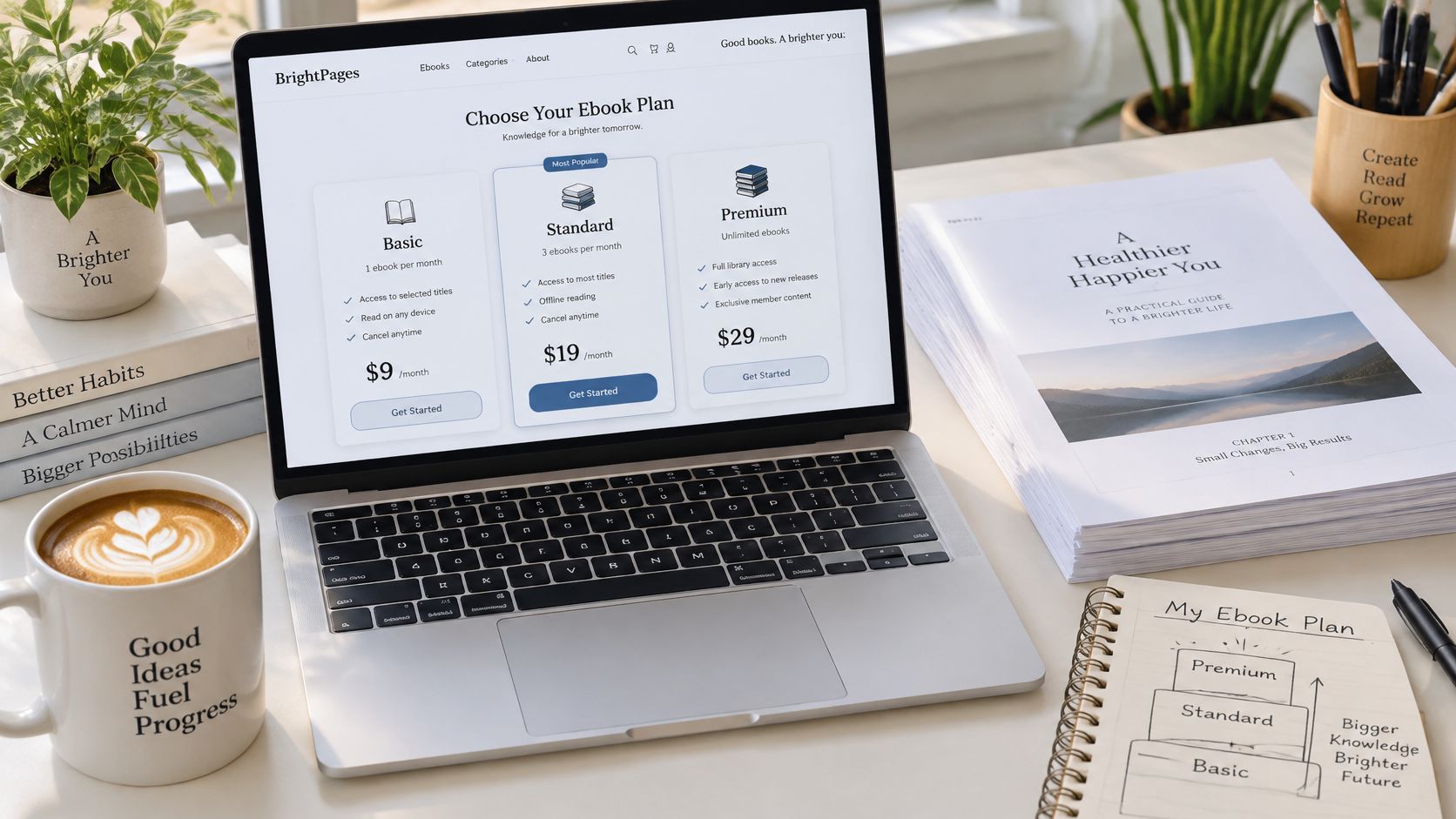 A laptop screen displaying an ebook subscription pricing plan page next to a cup of coffee and notes.