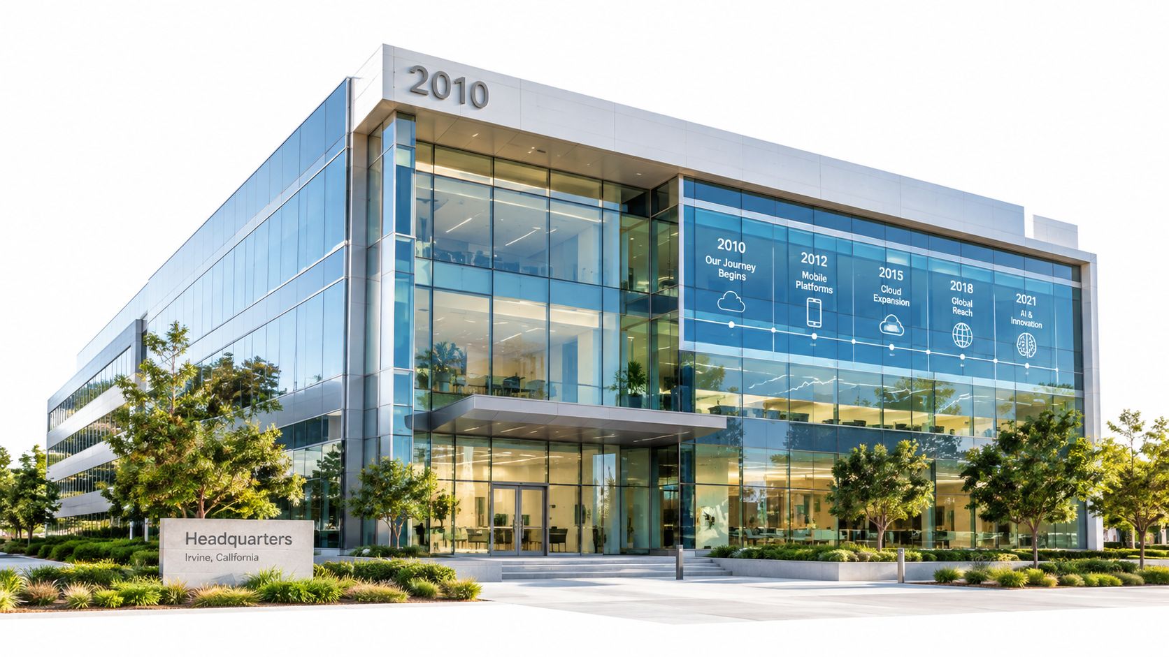 A modern glass headquarters office building with a timeline of company milestones printed on the window glass.