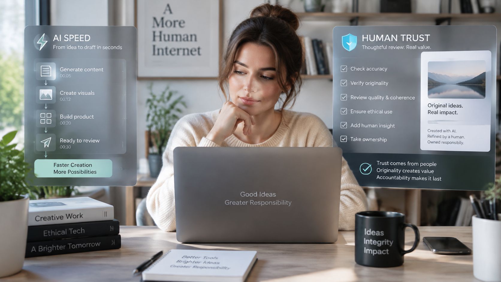A woman working on a laptop surrounded by digital overlays representing AI efficiency and human trust.