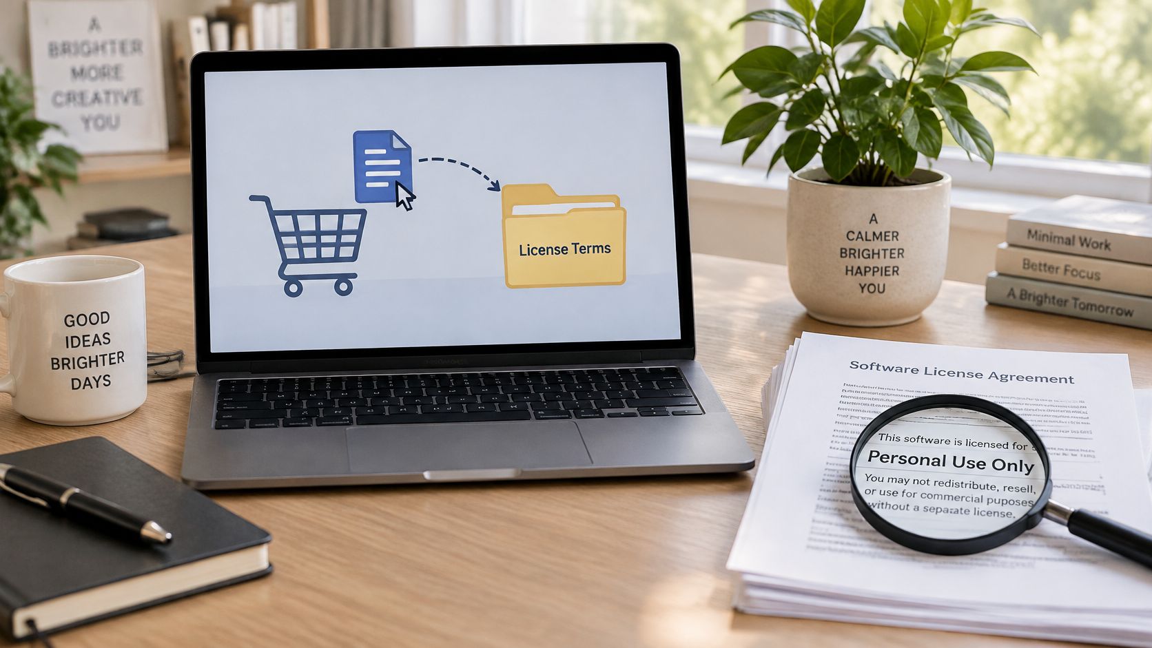 A laptop on a wooden desk showing a digital download icon with a license agreement document nearby.