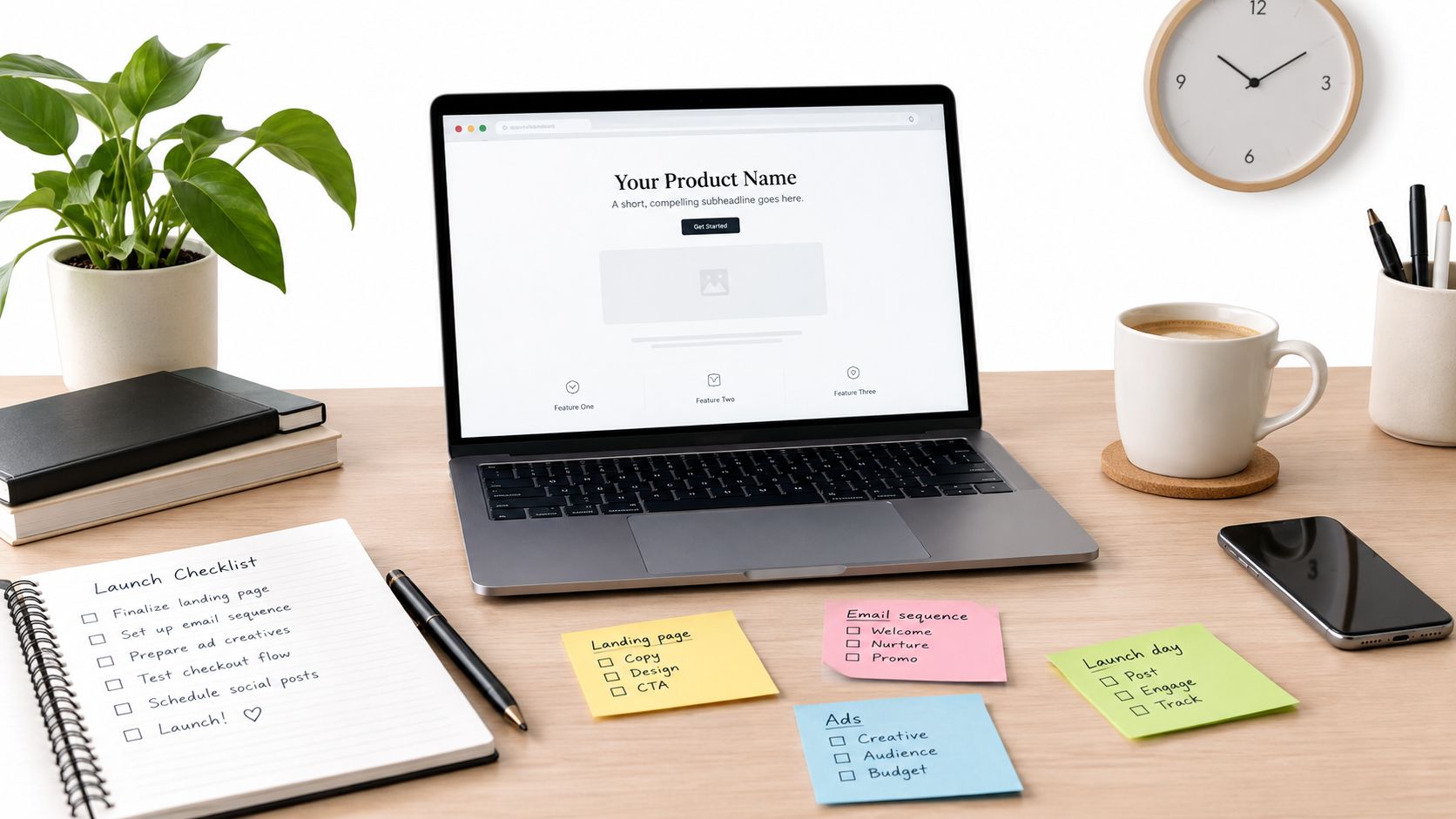 A clean desk workspace with a laptop displaying a product page, checklists, and organized task sticky notes.