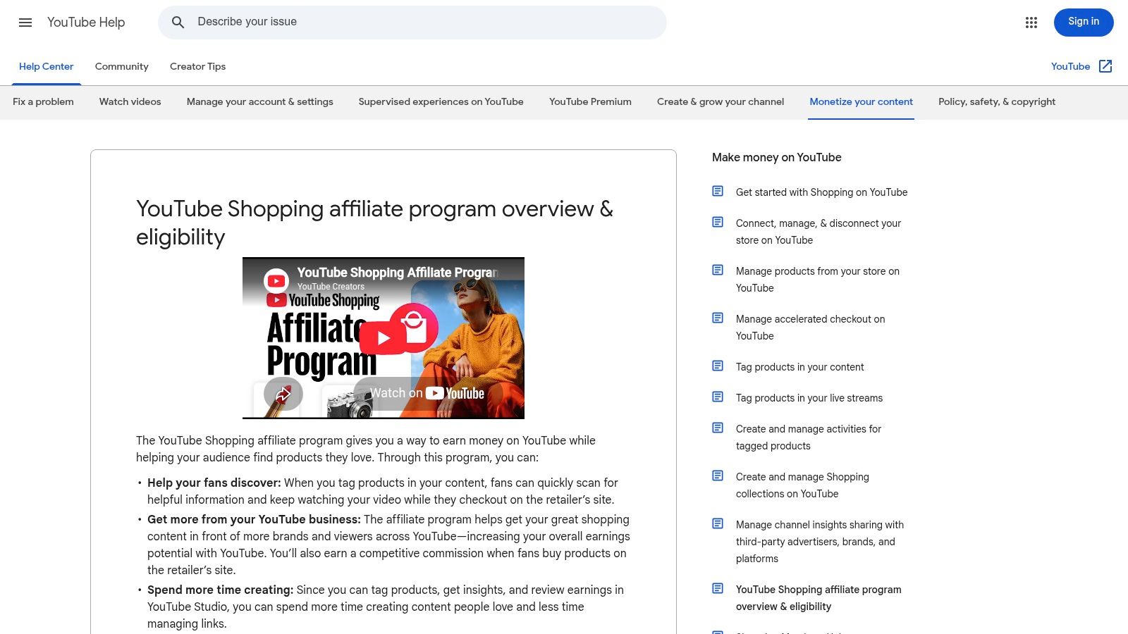 YouTube Shopping Affiliate Program