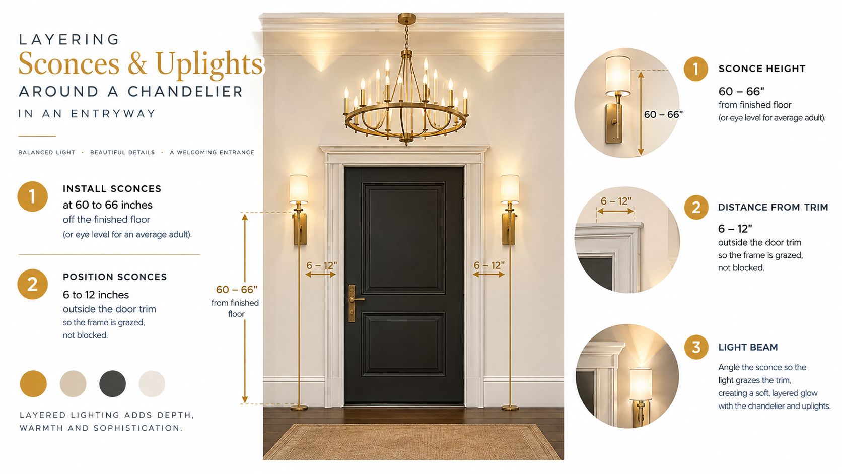 Styled infographic showing sconce and uplight placement around a front door in a large entryway: sconces mounted 60 to 66 inches above the finished floor and 6 to 12 inches outside the door trim.