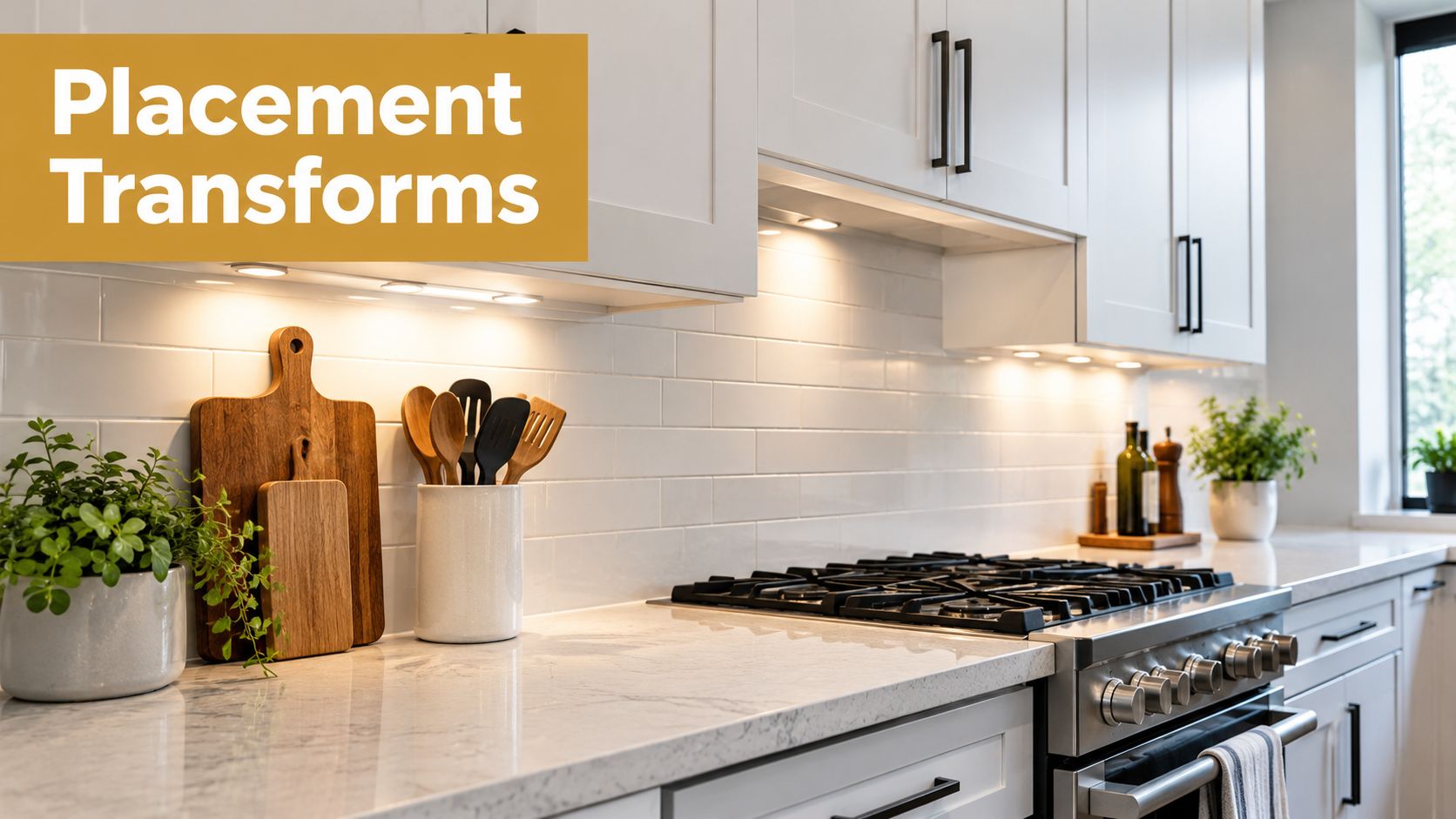A modern kitchen counter with white cabinets and bright, warm dimmable under cabinet lighting.
