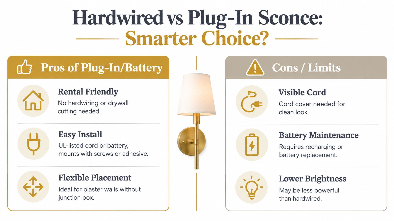A comparison chart outlining the pros, cons, and limits of choosing plug-in or battery wall sconces.