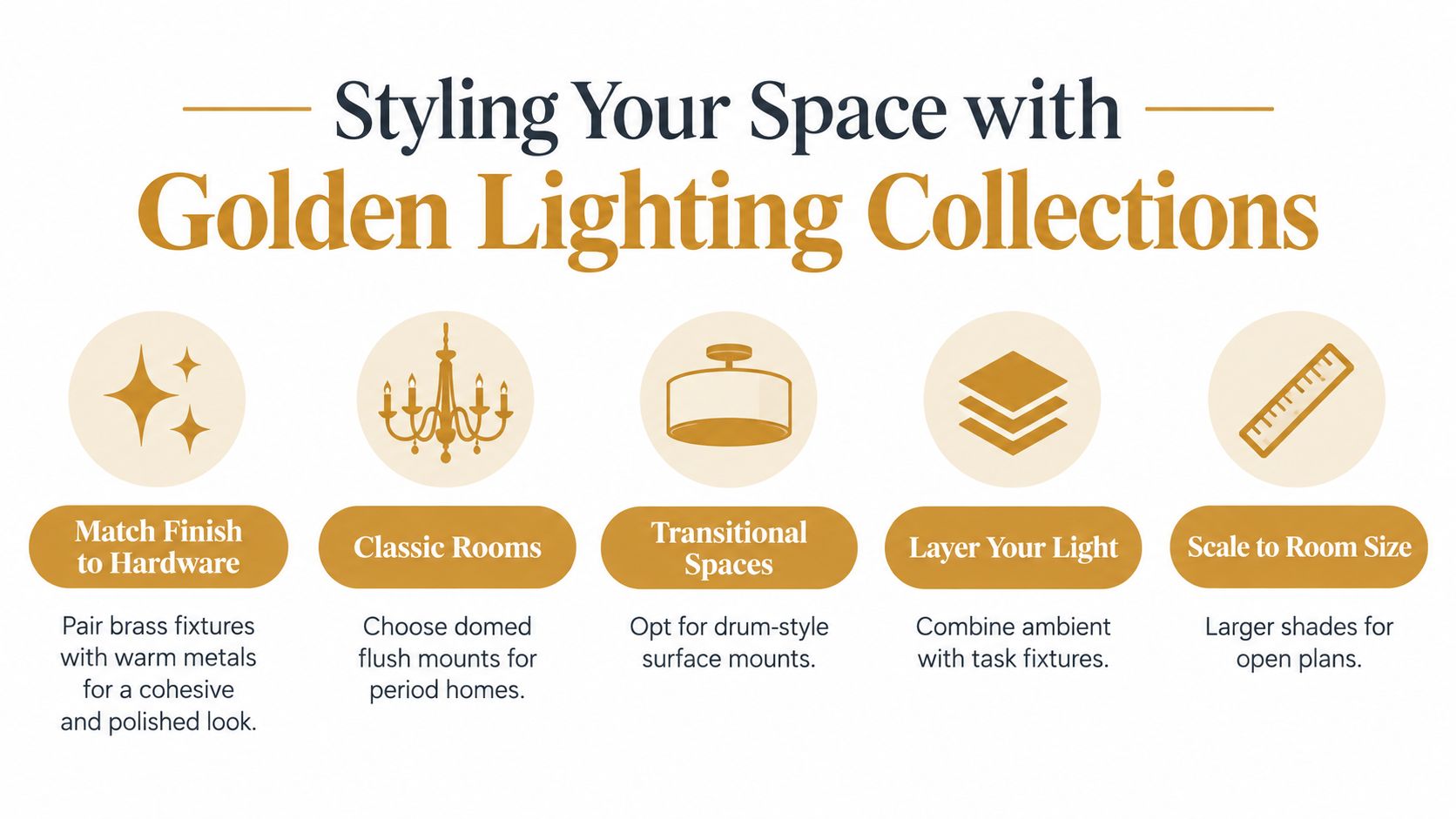 Infographic: five styling tips — match finish to hardware, domed flush mounts for classic rooms, drum surface mounts for transitional spaces, layer your light, and scale shades to room size.