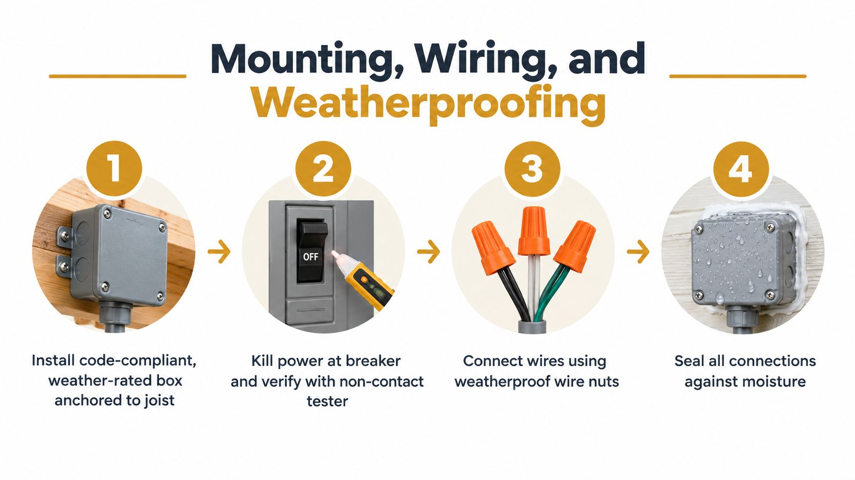 A four-step infographic illustrating the professional mounting, wiring, and weatherproofing process for outdoor electrical light boxes.