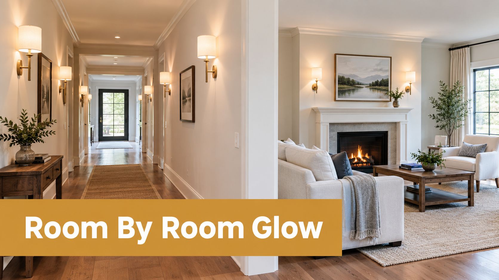 Elegant interior hallway and living room featuring warm wall sconce lighting and cozy, sophisticated home decor.