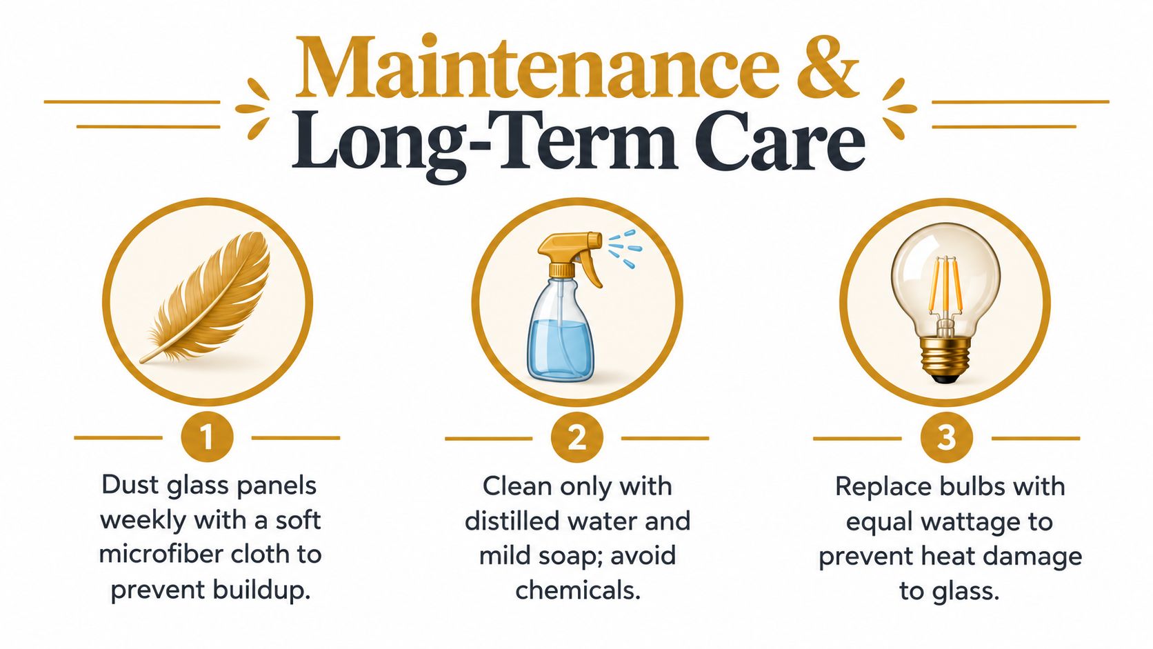 A maintenance guide with three numbered steps for cleaning and caring for a glass chandelier lighting fixture.
