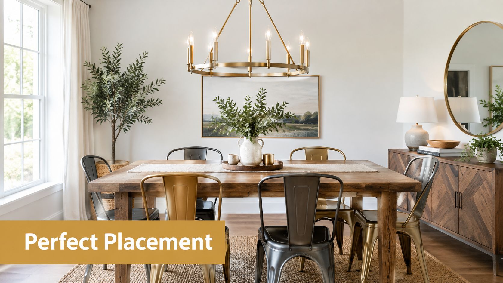 A bright dining room featuring a brushed gold chandelier, wooden table, and mixed metallic metal chairs.