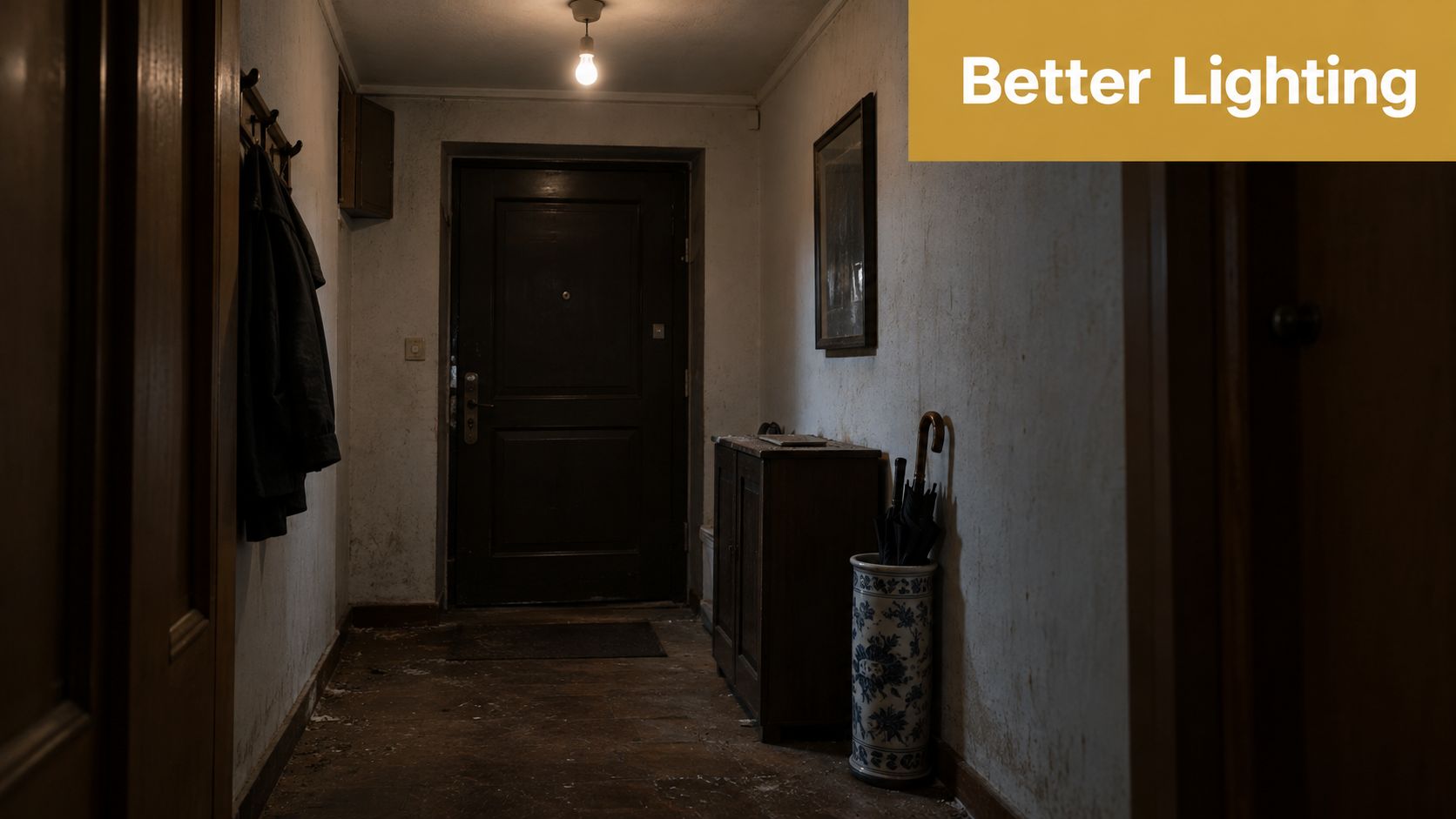 A dimly lit narrow residential hallway featuring a single bare light bulb hanging from the ceiling.