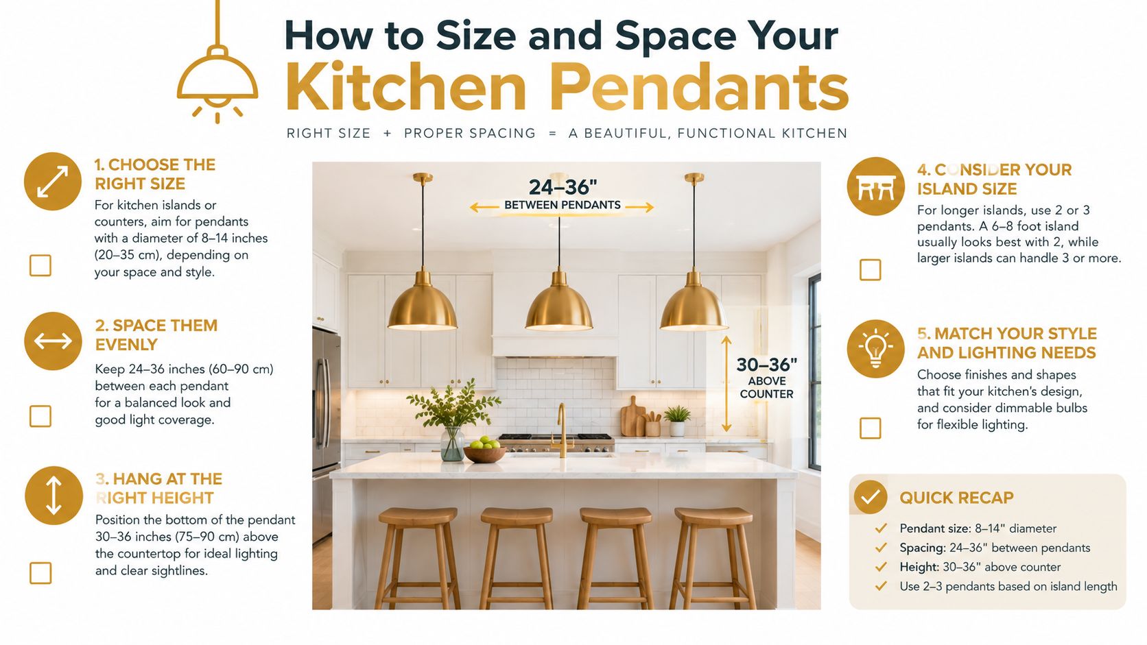 An infographic showing guidelines for choosing, spacing, and hanging pendant lights over a kitchen island.