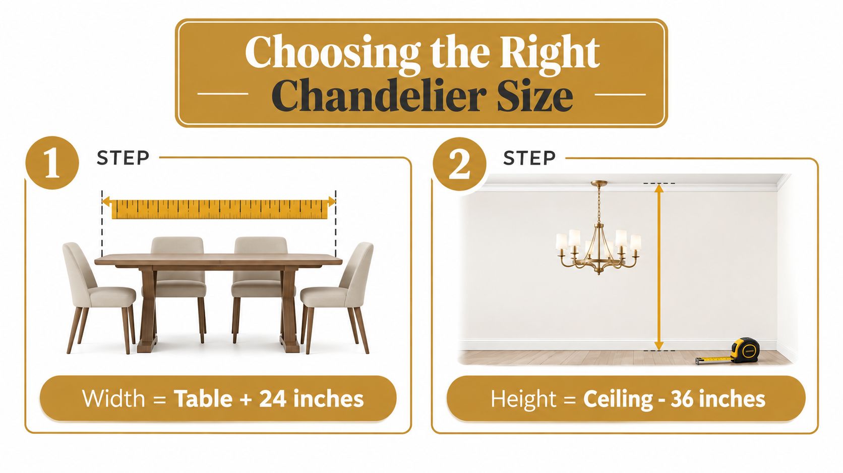 An infographic showing two steps for calculating the ideal dimensions for a dining room chandelier.