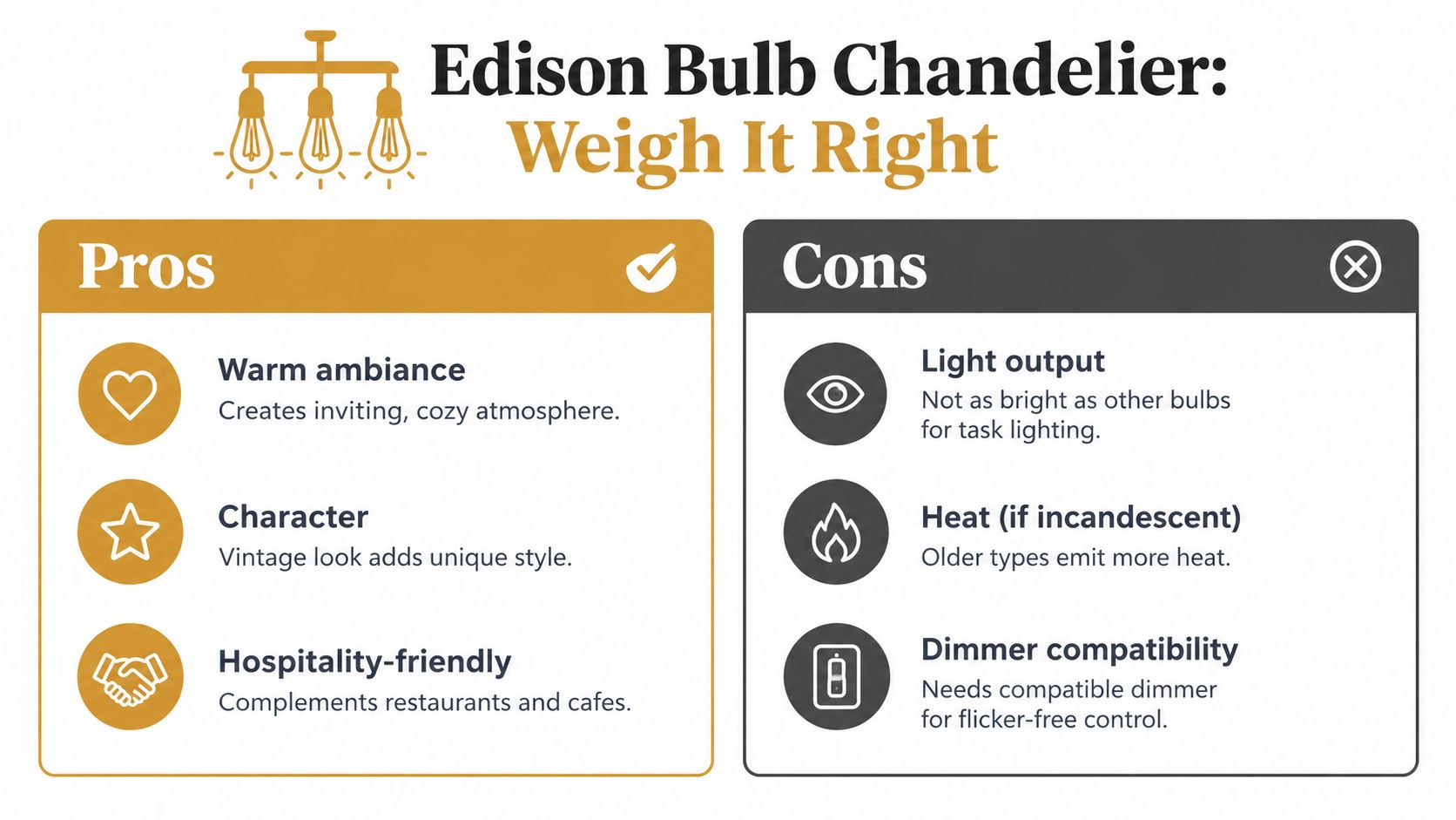 A comparison chart showing the pros and cons of using an Edison bulb chandelier for lighting.