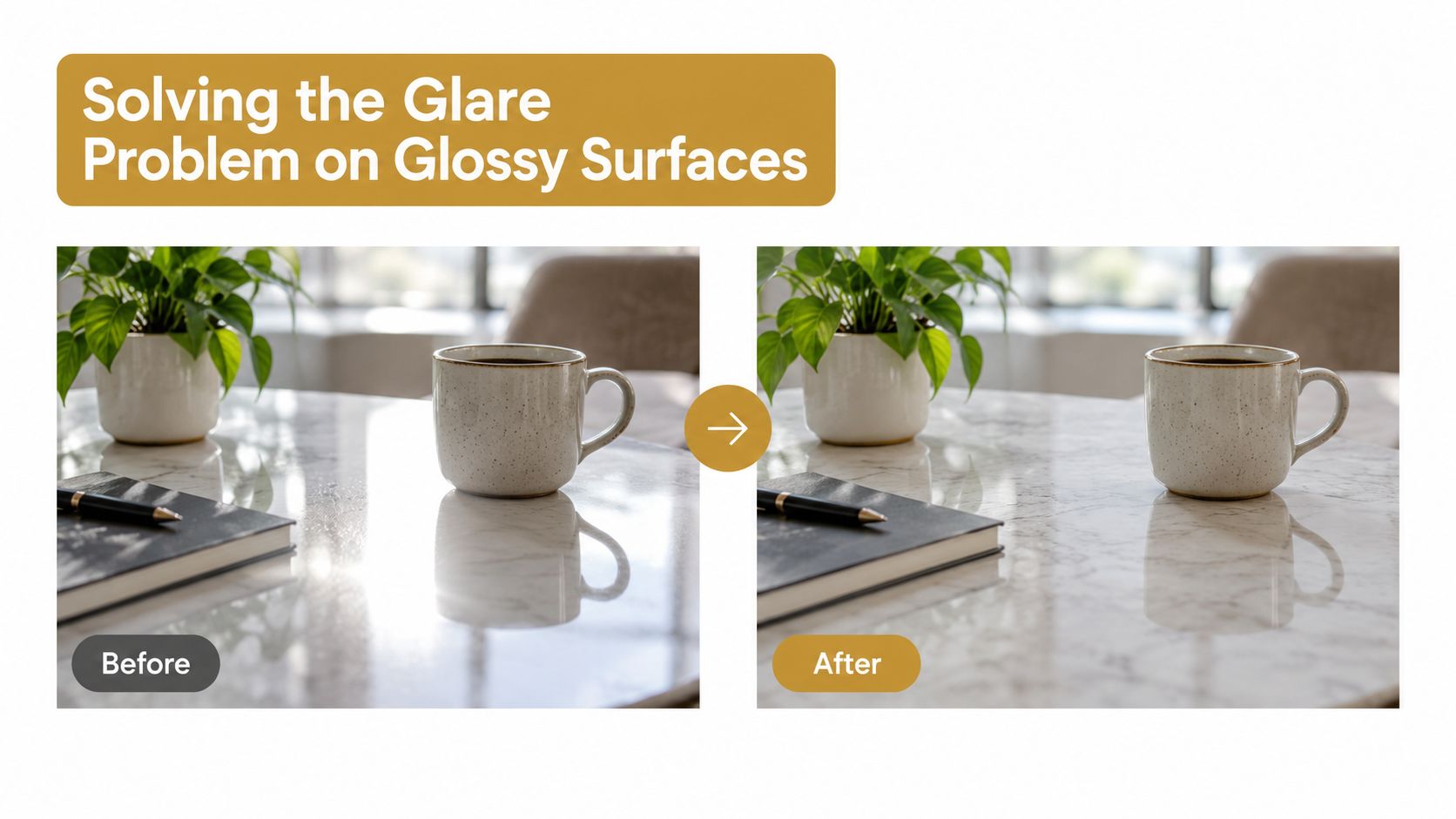 A split comparison image showing the removal of harsh light glare from a polished marble table surface.