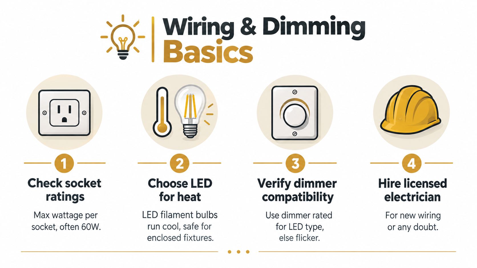 A helpful infographic showing four basic tips for wiring and dimming lights with LED filament bulbs.