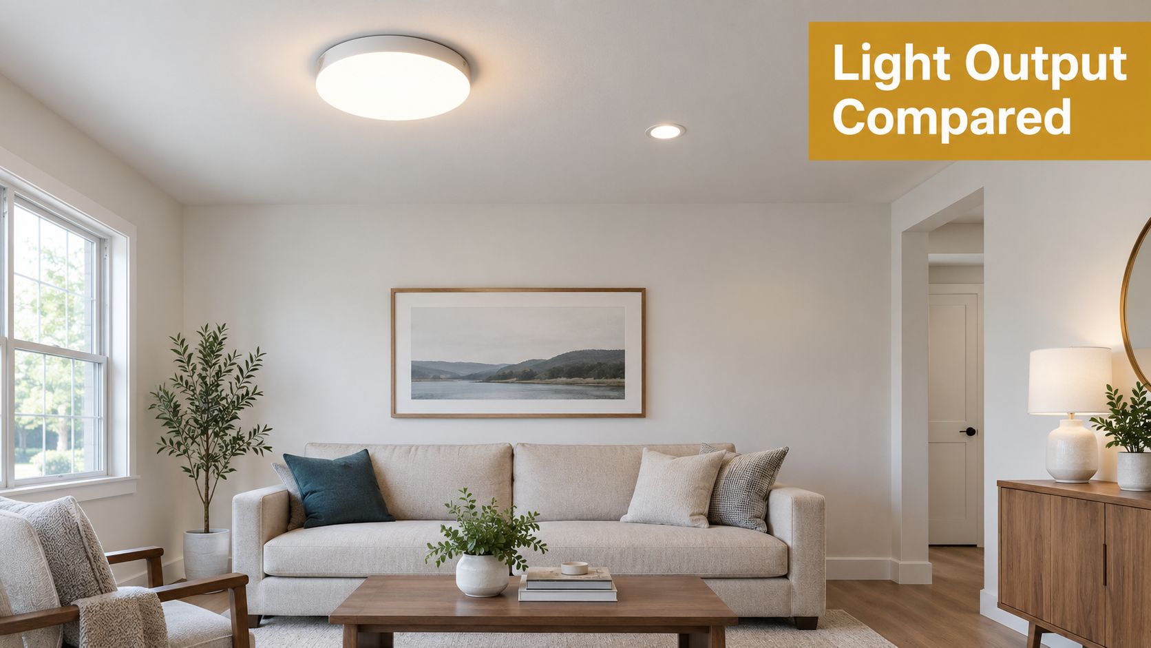 Styled scene: a bright living room lit by a round flush mount ceiling light alongside a small recessed downlight.