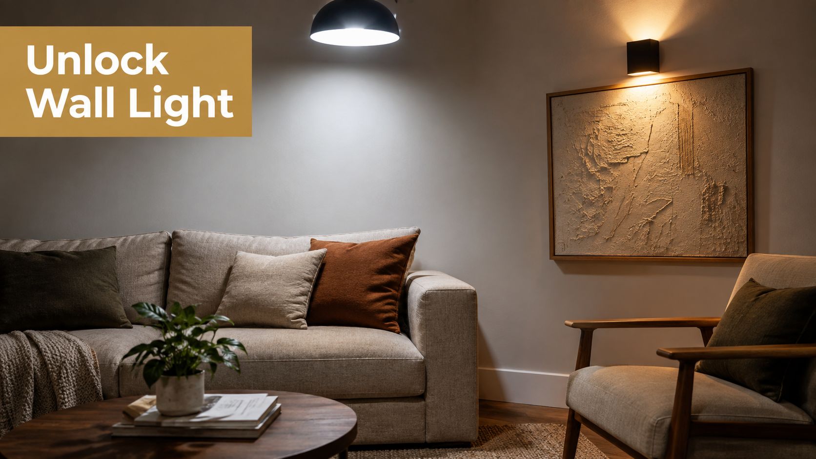 A modern, cozy living room featuring a minimalist wall sconce illuminating a textured abstract painting above an armchair.