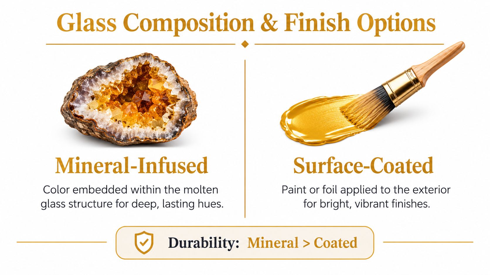 A comparison graphic showing mineral-infused glass versus surface-coated glass, highlighting composition, finishes, and relative durability.