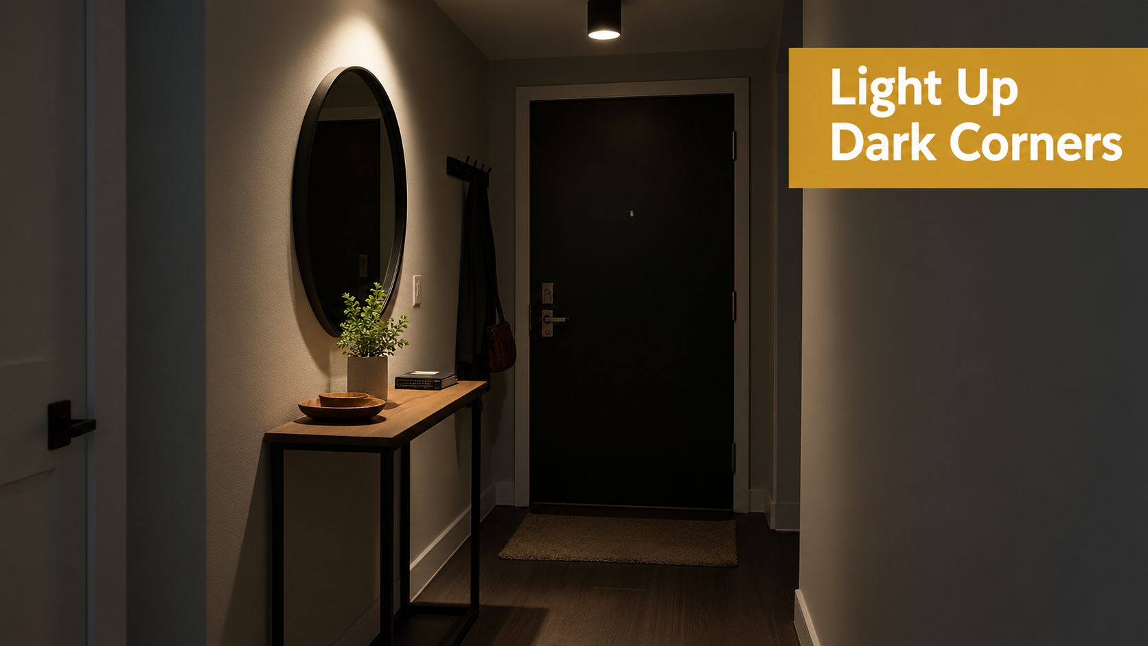 A minimalist entryway features a console table with a potted plant, round mirror, and warm accent lighting.