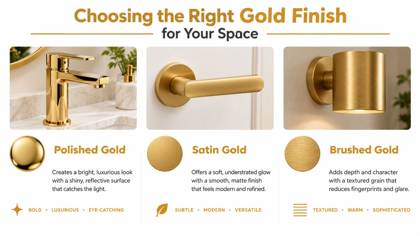 Infographic comparing three gold finishes — polished gold on a faucet, satin gold on a door lever, and brushed gold on a wall sconce.