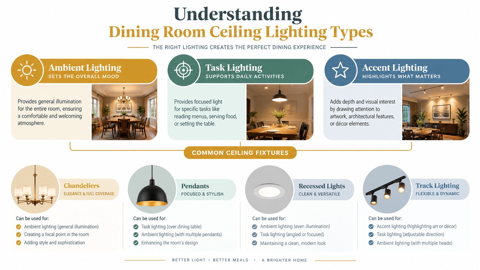 An infographic titled Understanding Dining Room Ceiling Lighting Types explaining ambient, task, and accent lighting and common fixtures.