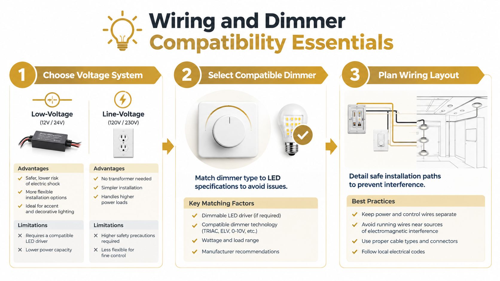A diagram illustrating the three essential steps for wiring and dimmable under cabinet lights compatibility.