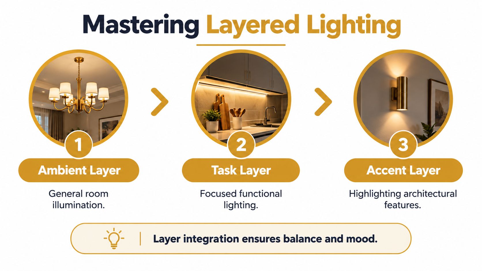 Infographic: the three layers of lighting — ambient (a chandelier), task (under-cabinet light), and accent (a wall sconce).