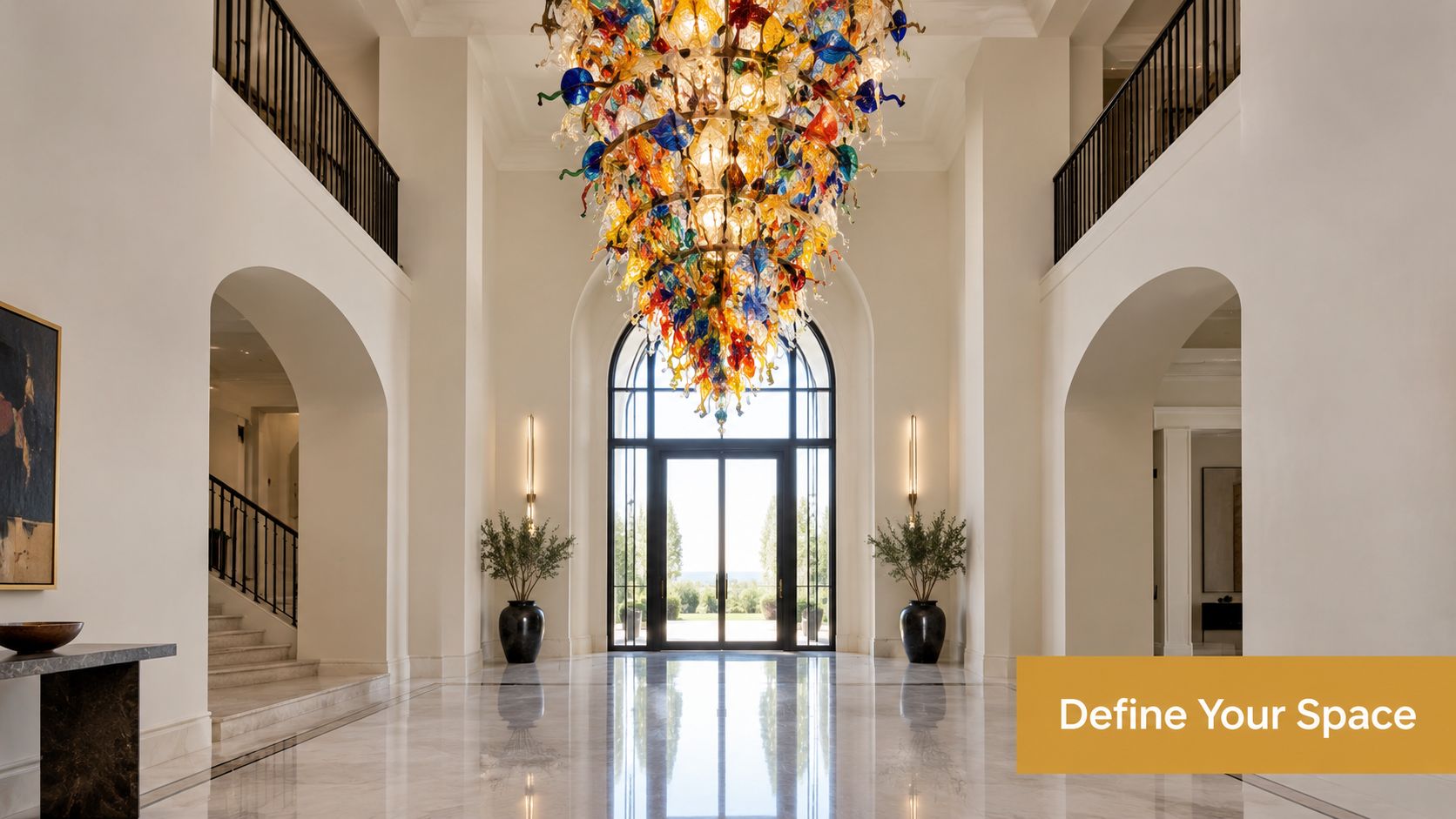 Styled scene: a grand, luxurious foyer featuring a vibrant multi-colored glass chandelier hanging above a polished marble floor.